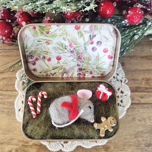 Handmade wool mouse sleeping in cozy tin home | Christmas cheer edition | whimsical gift ideas | stocking stuffers