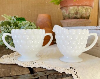 Milk Glass Sugar and Creamer, Bubble Pattern, Anchor Hocking, Vintage, Mid Century, White Glass