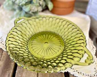 Vintage Indiana Glass Dish, Honeycomb Pattern, Olive Green, Avocado Green
