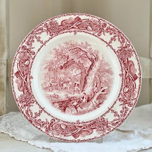 Beautiful Vintage Red Transferware, &quot;Pastoral Davenport&quot; by AJ Wilkinson Ltd., Ironstone Dinner Plate, Made in England
