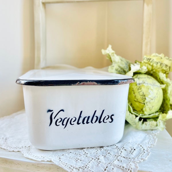 Vintage Enamelware Vegetable Refrigerator Bin with Lid, Large Rectangular Enamelware Storage Container, Vintage Farmhouse Kitchen Decor