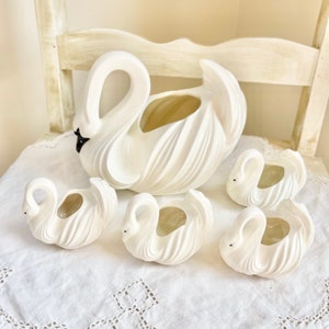 Set (5) Vintage Ceramic Swan Planters, White Swan Vases, Centerpiece, Swan Figurines, 1980s Vintage