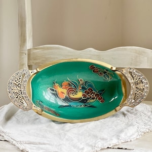 Vintage Israel Brass & Teal Enamel Pedestal Bowl, Vintage Fruit Bowl, Console Bowl, Mid 20th Century Judaica Bowl