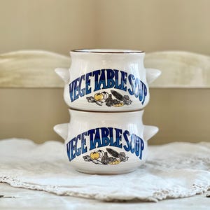 Pair of Vintage Soup Crocks, Stoneware &quot;Vegetable Soup&quot; Bowls with Tab Handles, 12 oz
