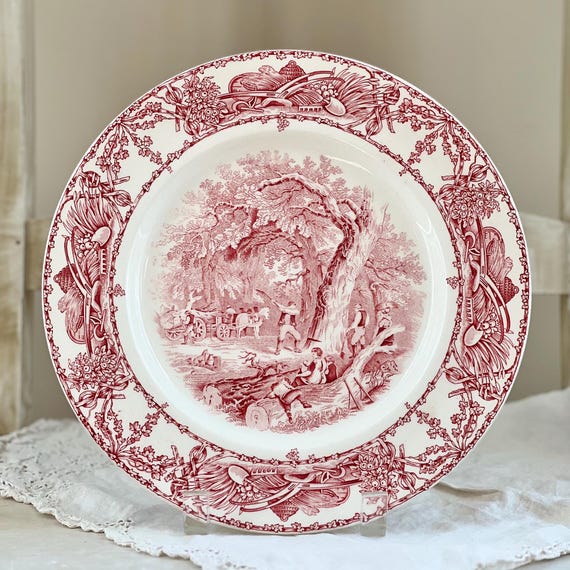 Vintage Red Transferware Dinner Plate: Pastoral Davenport, English