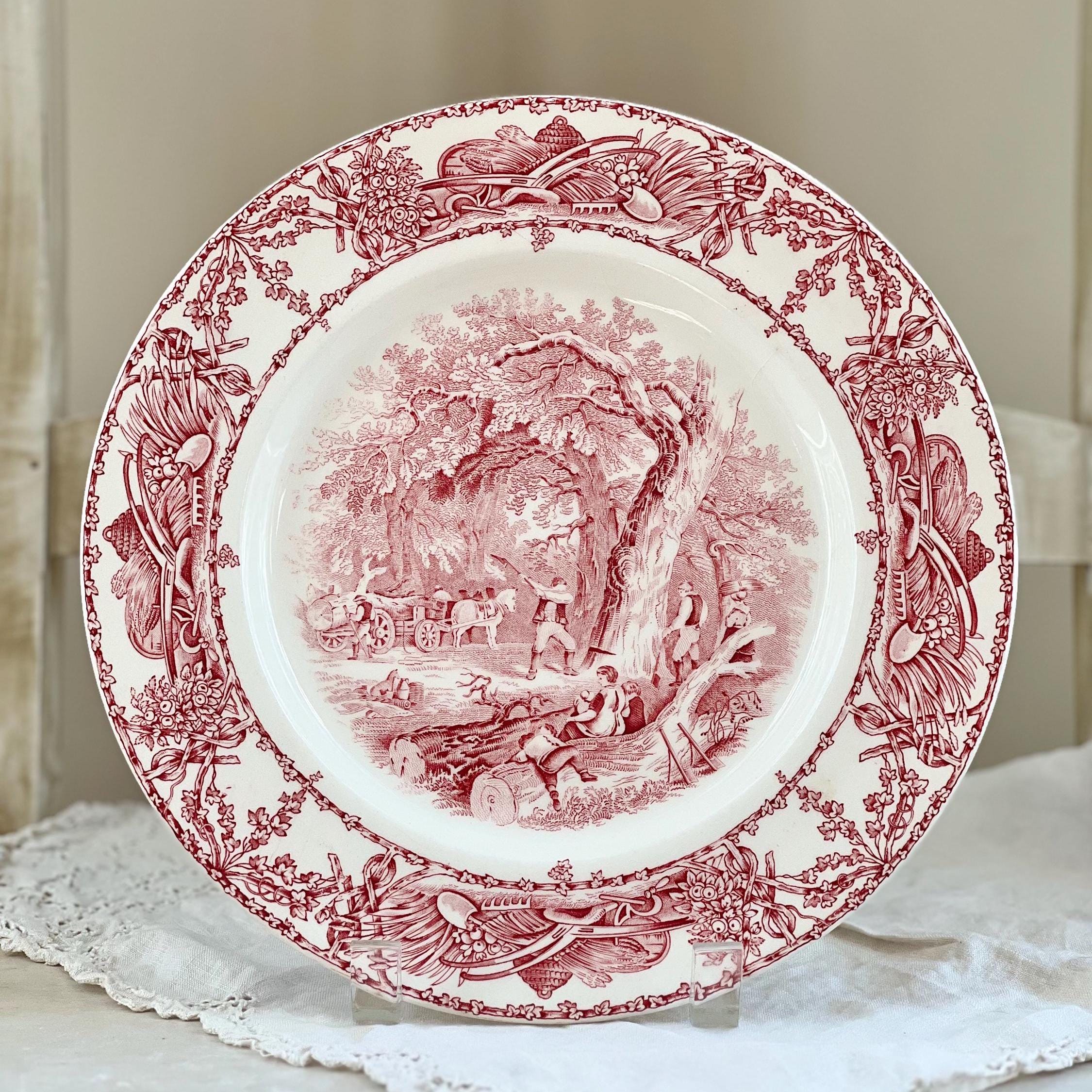 Vintage Red Transferware Dinner Plate: Pastoral Davenport, English