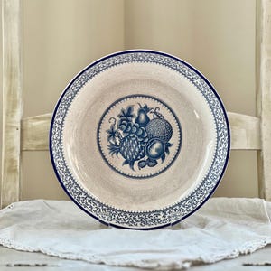 Vintage Blue & White Basin / Bowl with Fruit Motif, Distressed Ceramic Bowl with Staining and Crazing