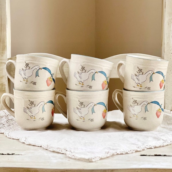 Set of 6, Vintage Marmalade Stoneware Mugs by International China Company, Made in Japan, Geese & Ribbon Mugs