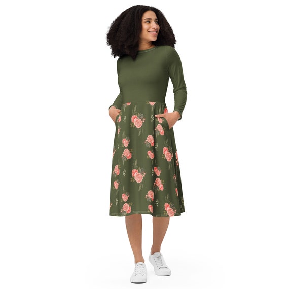 Green Floral Dress | Long Sleeve Midi Modest Dress