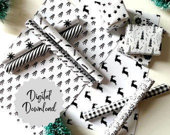Printable 1:12 Scale Black & White Christmas Wrapping Paper, 12 Christmas Wrapping Paper Designs, Christmas DIGITAL DOWNLOAD
