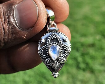Handmade Sterling Silver Plated Moonstone Poison Pendant, Pear-Shaped