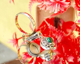 Sterling Silver Plated Malachite Poison Ring, Handmade 925 Secret Box Ring