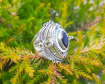 Handmade Sterling Silver Plated Black Onyx Poison Ring | Pill Box Compartment