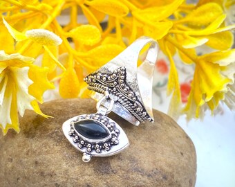 Handmade Sterling Silver Plated Black Onyx Poison Ring, Secret Box