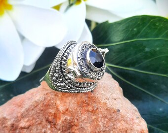 Handmade Sterling Silver Plated Black Onyx Poison Ring, December Birthstone