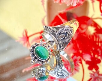 Malachite Poison Ring, Sterling Silver 925 Plated , Handmade Style