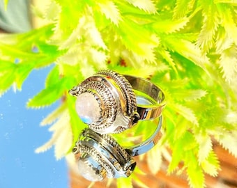 Sterling Silver Plated Moonstone Poison Ring, Secret Box Ring