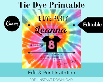 Tie Dye Invitation Download | Editable Tie Dye Birthday Invitation | Tie Dye Invitation | Hippie Birthday Party Invite