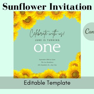 Sunflower Birthday Invitation; Sunflower Themed; First Birthday Card; First Birthday Invitation for Girls; EDITABLE INSTANT DOWNLOAD