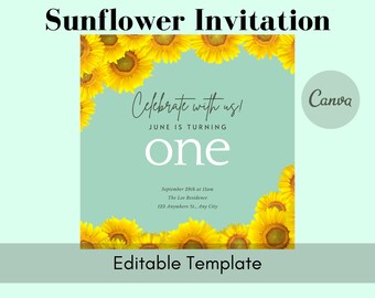 Sunflower Birthday Invitation; Sunflower Themed; First Birthday Card; First Birthday Invitation for Girls; EDITABLE INSTANT DOWNLOAD