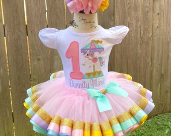 First Birthday Carousel Tutu Outfit with Ruffle Anklets | Girls Birthday Outfit | Tutu Dress for Girls | Pastel Tutu Outfit