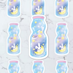Moon Bunny Drink Sticker, Rabbit Usagi Kawaii Aesthetic Pink Animal Moon Stars Galaxy Sky Cute for Japanese Anime Stationery Gift