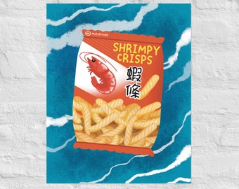 Lámina artística de patatas fritas de gambas: ilustración de un aperitivo asiático.