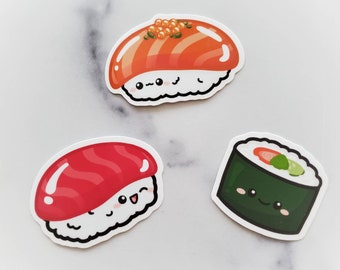 Sushi Stickers, Salmon sushi, tuna sushi, maki roll, sushi roll, Japanese food, sushi lover, laptop decal, water bottles sticker, kawaii