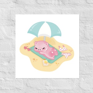 Sun Tan Piggy Beach Vacation Poster Art Print, Sea Shore Ocean Trip Holiday Relaxation Chill Kawaii Cute Vibes Sun Bathing Booty wall decor