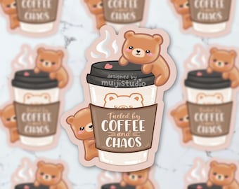 Coffee & Chaos Bear Vinyl Sticker - Waterproof Laptop Decal