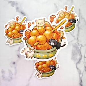 Curry Fishball Kitties Sticker, Chinese Cantonese food, street food, asian food, food stickers, planner, calendar, kawaii, fish, cat kitty