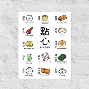 Dim Sum Art Print, Cantonese Chinese Brunch Breakfast Lunch Asian Dumplings Noodles Appetizers Snack Food Foodie Language 8x10 11x14 Poster
