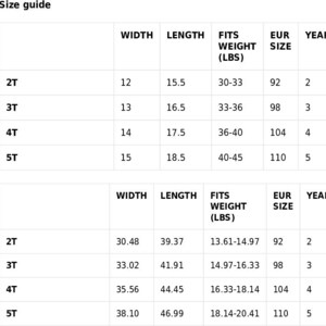 May include: Size guide for children's clothing with measurements in inches and pounds. The table shows the width, length, weight range, European size, and year for sizes 2T, 3T, 4T, and 5T.