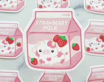 Cute Strawberry Cow Milk Sticker, milk lover, dairy lover, animal lover, milk sticker, foodie gift, kawaii strawberry love, berry sticker