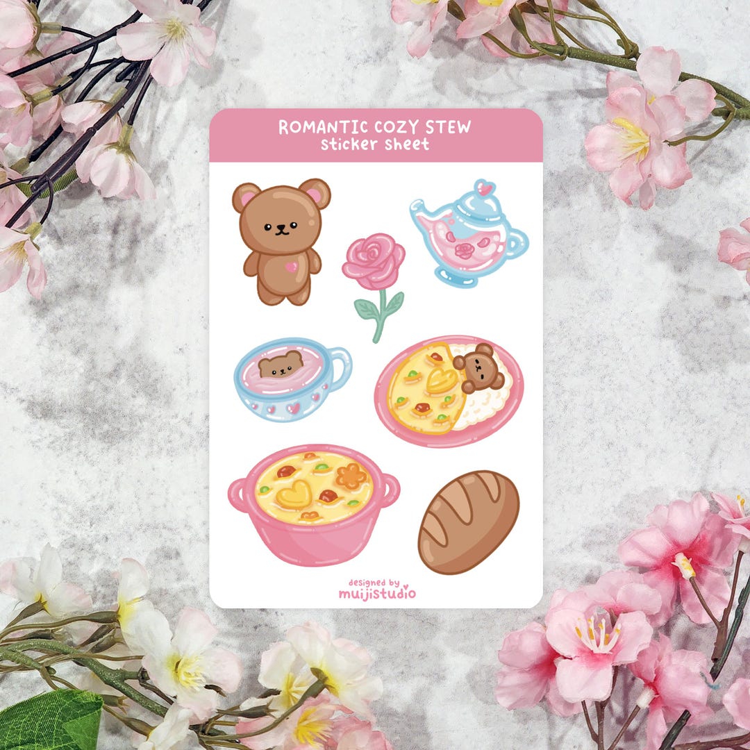 Cozy Stew Bear Tea Sticker Sheet, Kawaii Food Planner Vinyl (4x6 Inches ...