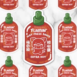 Autocollant Flamin' Hot Mess Sauce, sticker sauce piquante, sticker sriracha épicé, anxiété liée à la santé mentale, sticker drôle, sticker pour ordinateur portable, cadeau gourmand