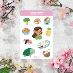 Aloha Hawaii Sticker Sheet, Kawaii Hawaiian Food & Island Stickers Hula Girl, Musubi, Shaved Ice, Sea Turtle, Kawaii travel planner stickers