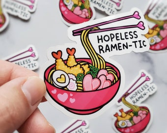 Hopeless Ramen-tic, ramen lover sticker ramen with hearts noodles tempura shrimp egg Asian food Japanese valentines love foodie art sticker