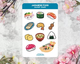 May include: A sticker sheet featuring various Japanese food illustrations. The sheet includes images of ramen, sushi rolls, dumplings, tempura shrimp, dango, miso soup, onigiri, and sushi boat. The text "JAPANESE FOOD Sticker Sheet" is at the top.