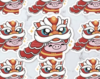 Lion Dance Piggy Lunar New Year Sticker, Chinese New Year, Kawaii sticker, Chinese mythology, Chinese Zodiac, cute gifts, laptop decal