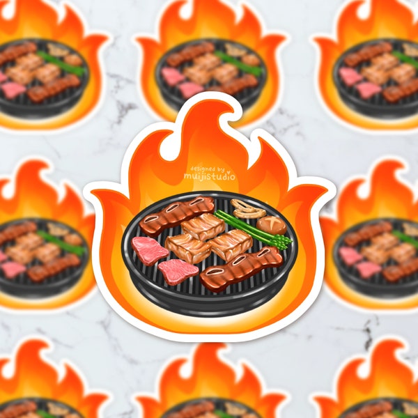Fire Korean Barbeque Sticker, Flaming KBBQ Galbi Short Rib Beef Pork Belly Meat Veggies barbecue charcoal grill Korean food foodie kdrama