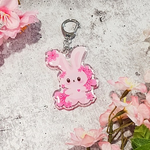 Kawaii Pink Sakura Bunny Acrylic Keychain, cute cherry blossom rabbit charm, kawaii gift, pink aesthetic, pastel aesthetic, cottage bunny