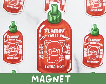 Flamin' Hot Mess Sauce Refrigerator Magnet, Funny magnet, Cute kitchen decor, Pig magnet, Kawaii gifts, Cute fridge magnet, hot sauce lover