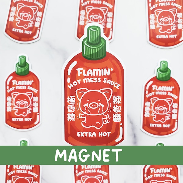 Flamin' Hot Mess Sauce Refrigerator Magnet, Funny magnet, Cute kitchen decor, Pig magnet, Kawaii gifts, Cute fridge magnet, hot sauce lover