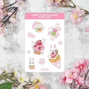 Feuille d'autocollants de lapins en fleurs de cerisier, autocollants kawaii de lapin sakura, esthétique de dessert japonais mignon, esthétique kawaii, bonbons à la fraise