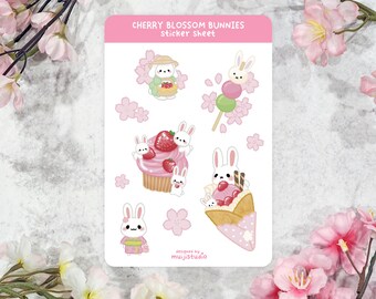 Kawaii Cherry Blossom Bunnies Sticker Sheet: Japanese Dessert Theme