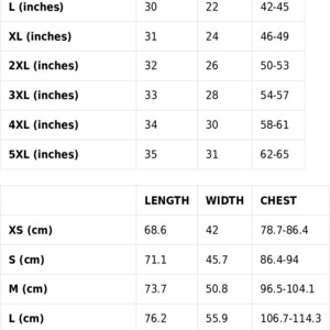 May include: Size guide chart showing garment measurements in inches for XS to 5XL sizes. Length ranges from 27 to 35 inches, width from 16 1/2 to 31 inches, and chest from 31 to 65 inches.