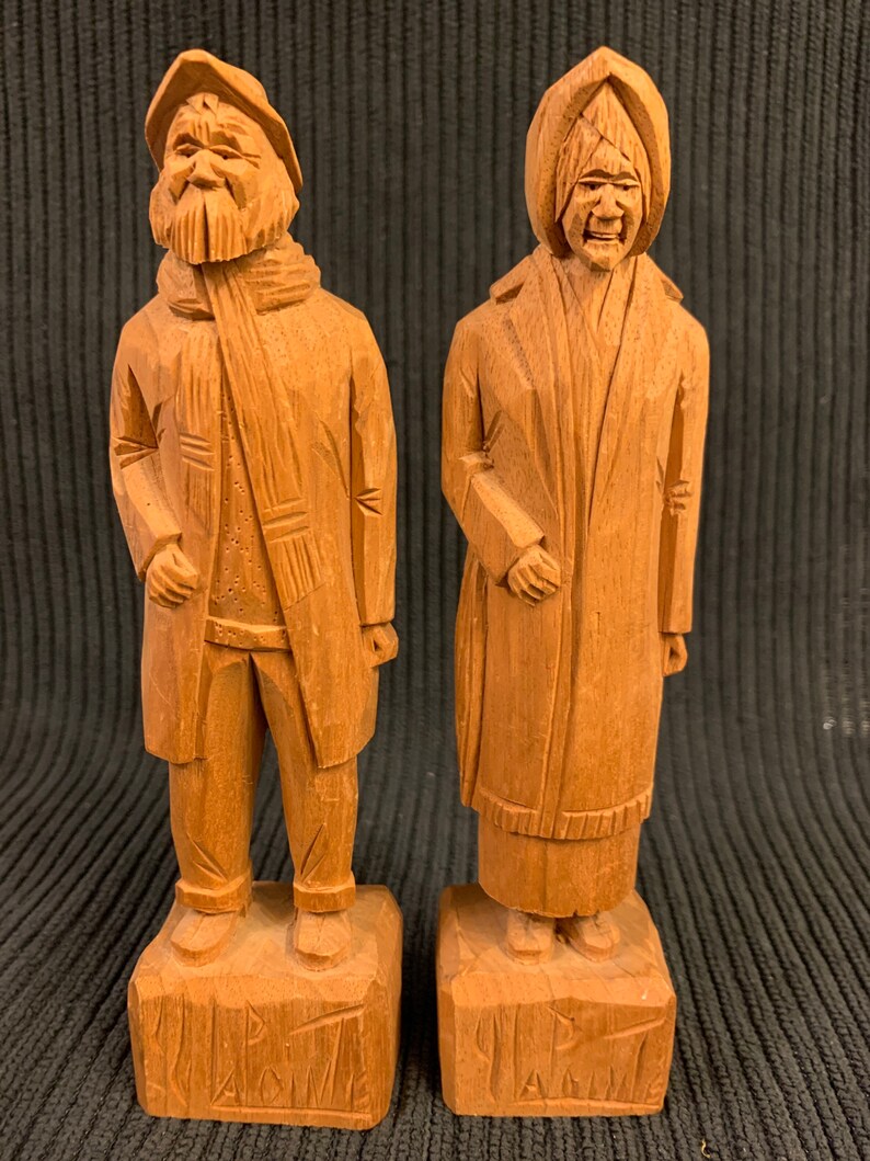 Quebec Wood Carving Husband and Wife Sculpture Figurines Etsy