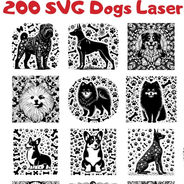 200 Svg DOGs Bundle Laser Engrave Files bull mastiff pitbull Rottweilers pug corgi Doberman poodle Daschund husky golden retriever yorkshire