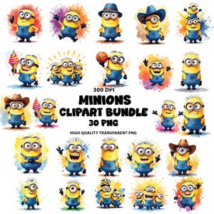 May include: A collection of watercolor-style Minion characters in various poses, wearing blue overalls and accessories like hats and holding items. The image includes text that reads "MINIONS CLIPART BUNDLE 30 PNG".